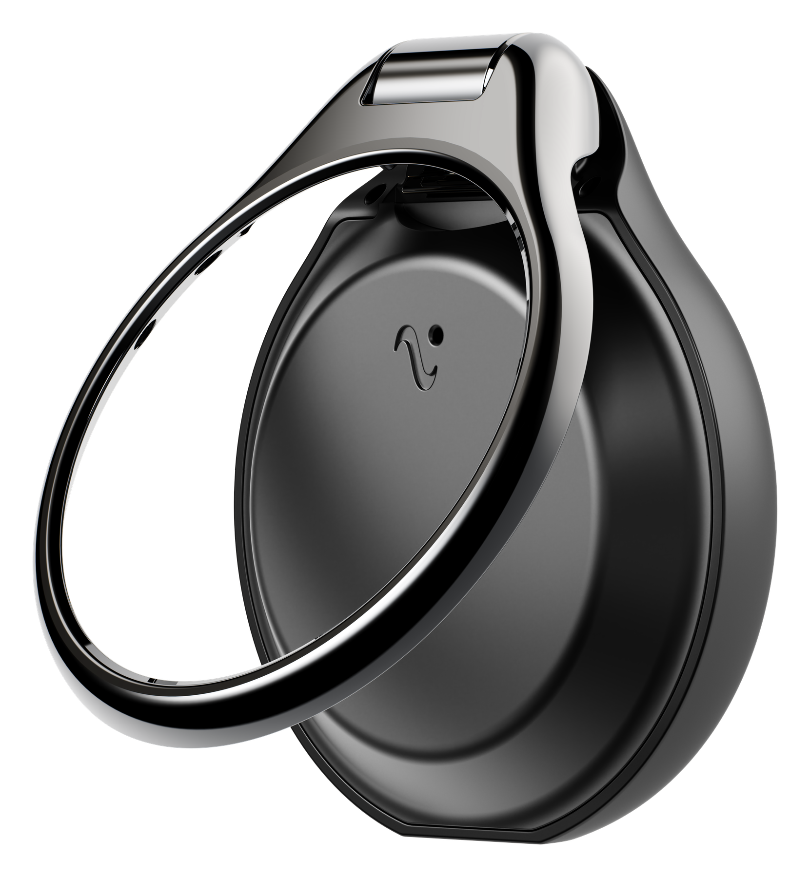 The Vire Clip in black and polished chrome, its hoop open to slide onto a waistband.